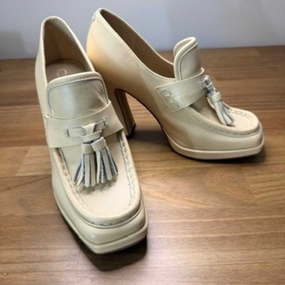 Sam Edelman Ivory Leather Platform Tassel Loafer Heels Size 6.5 - Picture 9 of 14